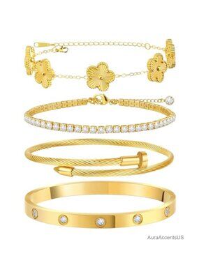 18K Gold Plated Bracelet Set, Stainless Steel Stackable Bangle